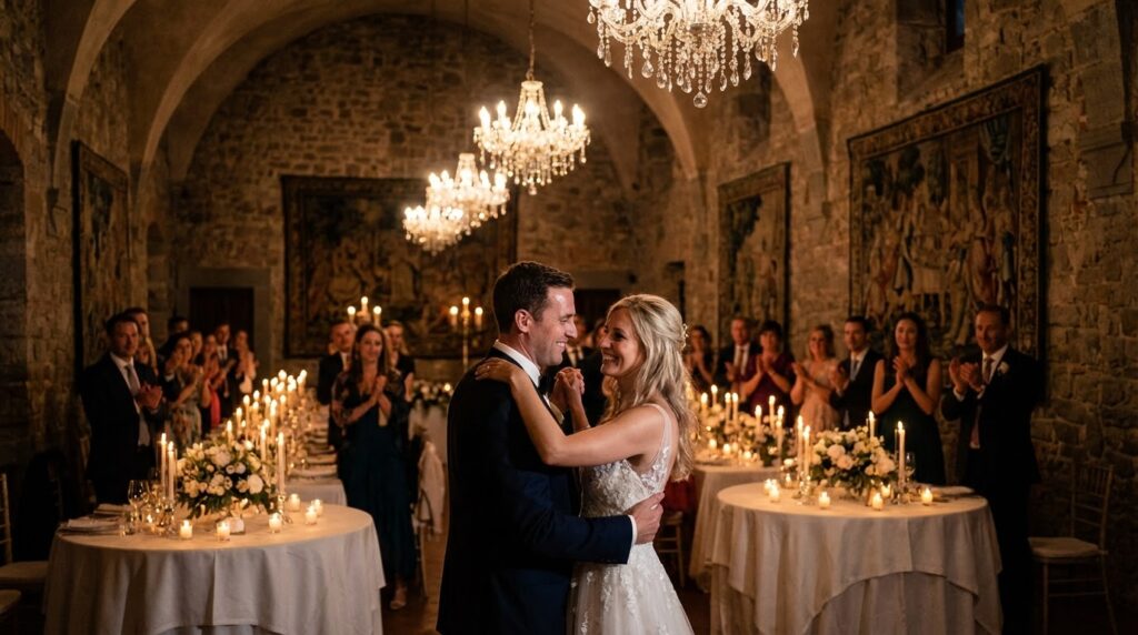 Exclusive castle wedding in Italy couple on ramparts at sunset Exclusive Castle Wedding in Italy