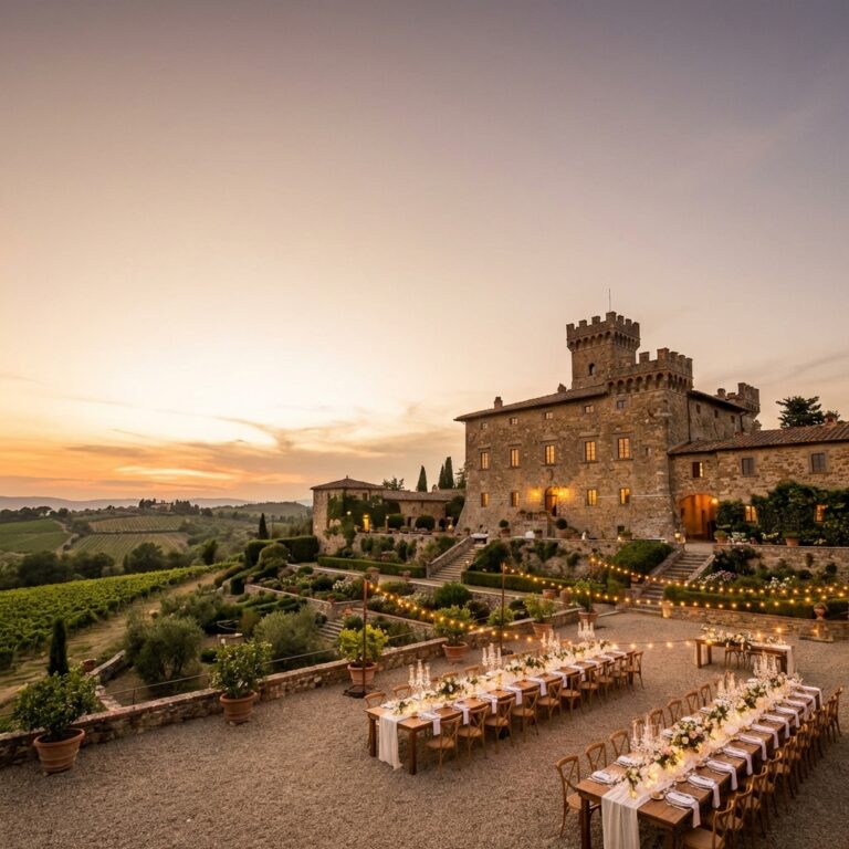 Italian castle estate set for a private luxury wedding with gardens and courtyard reception