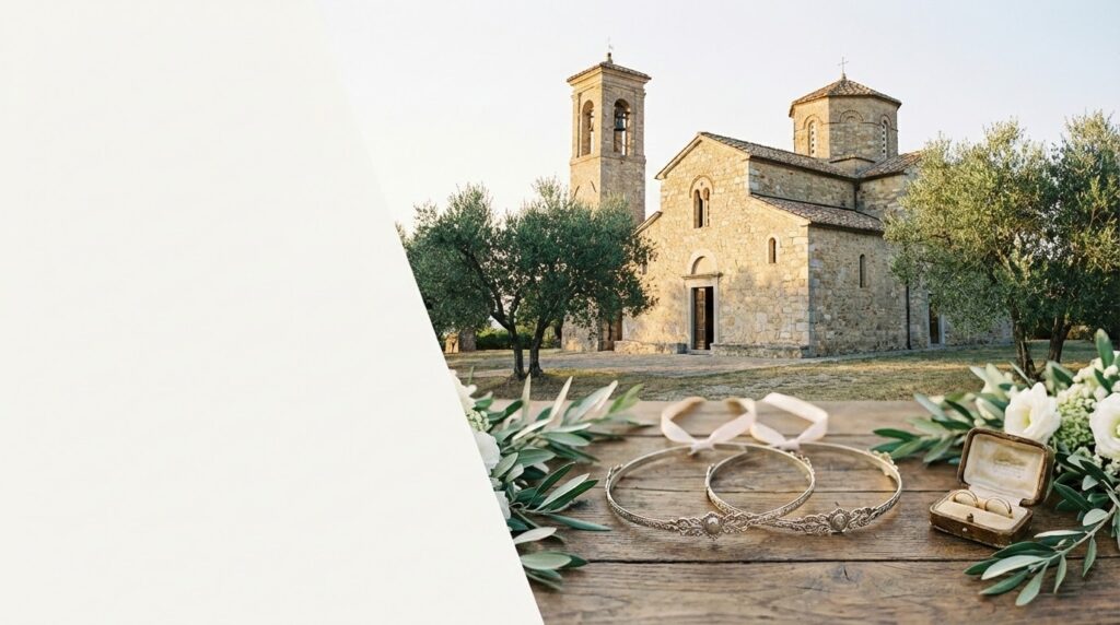Italian Orthodox church setting with wedding crowns and rings for an Orthodox wedding in Italy