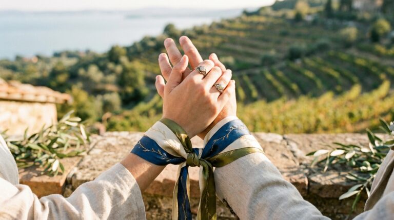 Hands bound with silk ribbon during a symbolic handfasting wedding ceremony in Italy