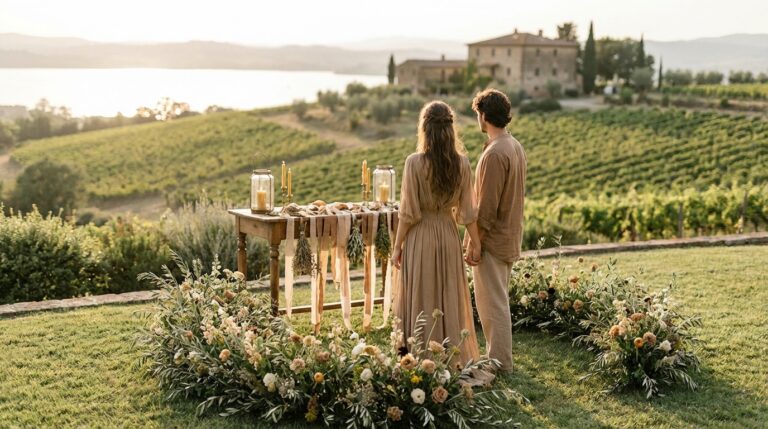 Luxury symbolic wedding ceremony in Italy with nature-inspired details at golden hour