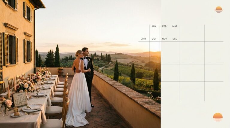 Golden hour at an Italian villa with subtle calendar overlay for Italy wedding timeline planning