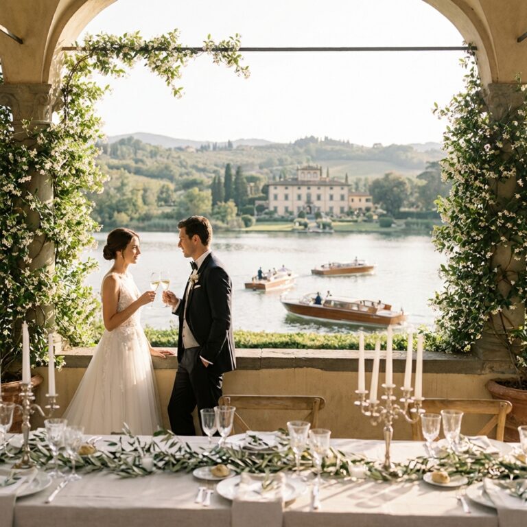 Golden hour luxury summer wedding scene in Italy with Tuscan terrace and lakeside villa arrival by boat