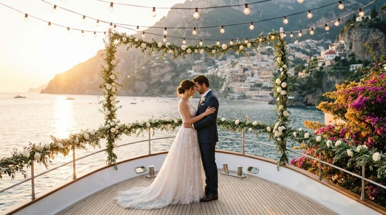 Luxury yacht wedding in Italy at golden hour with Mediterranean coastline backdrop