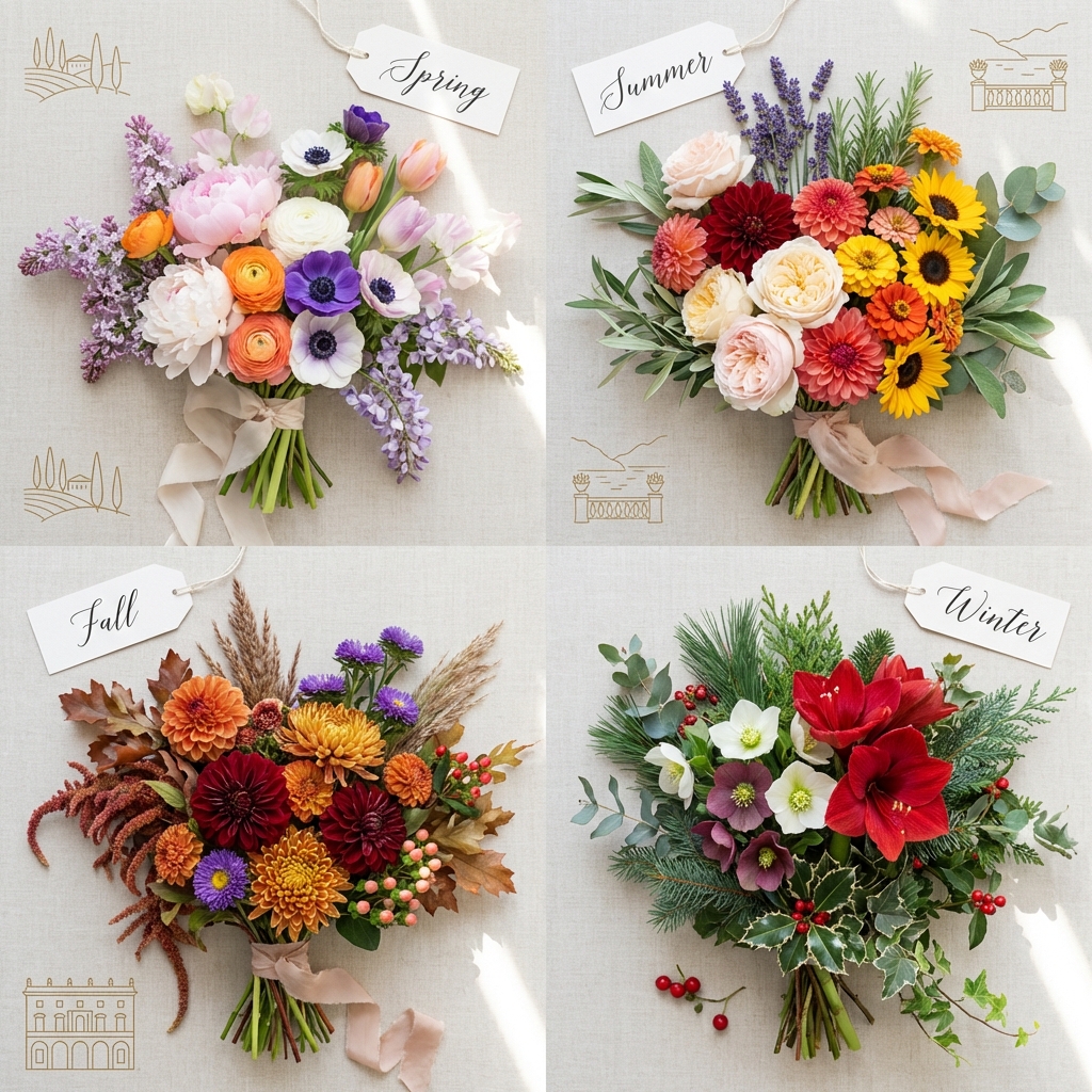 Seasonal wedding flowers in Italy shown as four bouquets for spring, summer, fall, and winter
