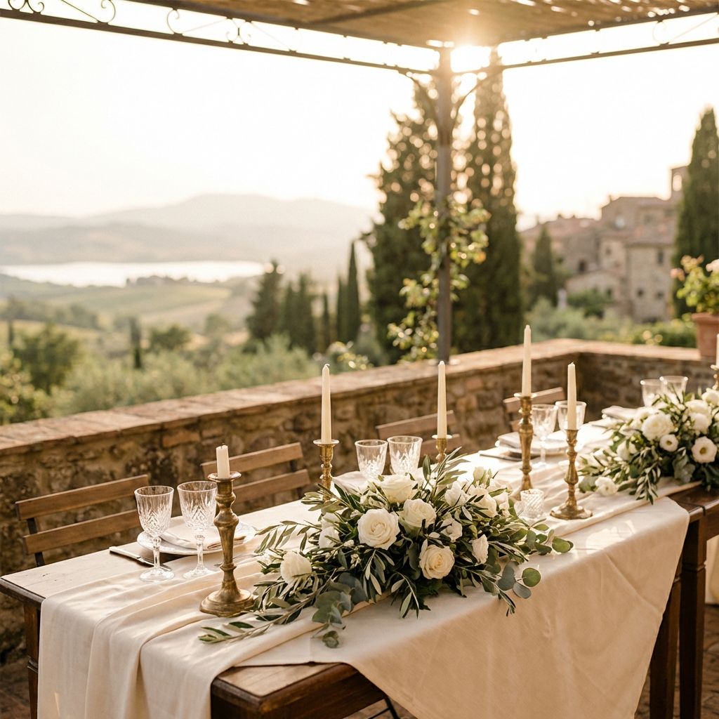 Luxury destination wedding table setup on an Italian villa terrace at golden hour
