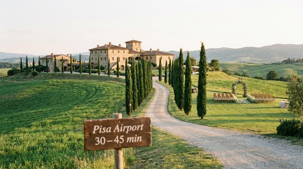Tuscan countryside estate near Pisa set for an outdoor destination wedding ceremony