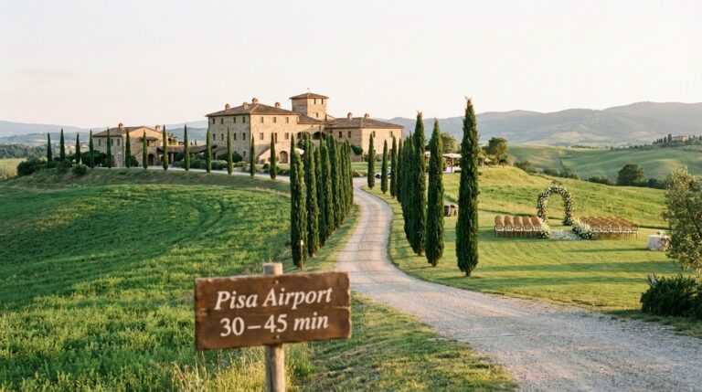 Tuscan countryside estate near Pisa set for an outdoor destination wedding ceremony