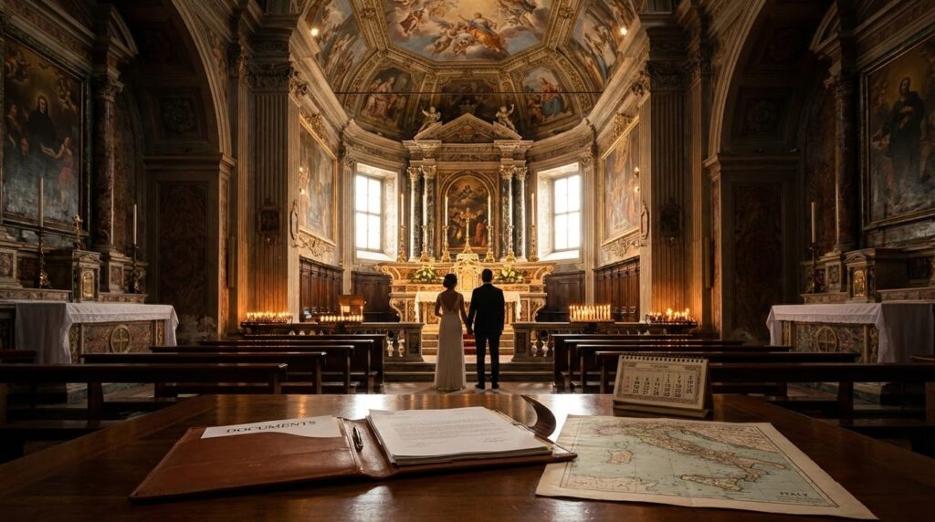 Catholic marriage in Italy for foreigners  Couple in a historic Italian Catholic church with wedding documents and planning details