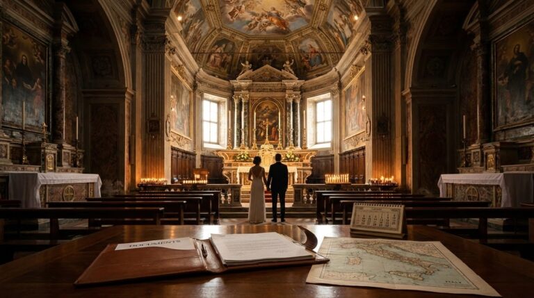 Catholic marriage in Italy for foreigners Couple in a historic Italian Catholic church with wedding documents and planning details
