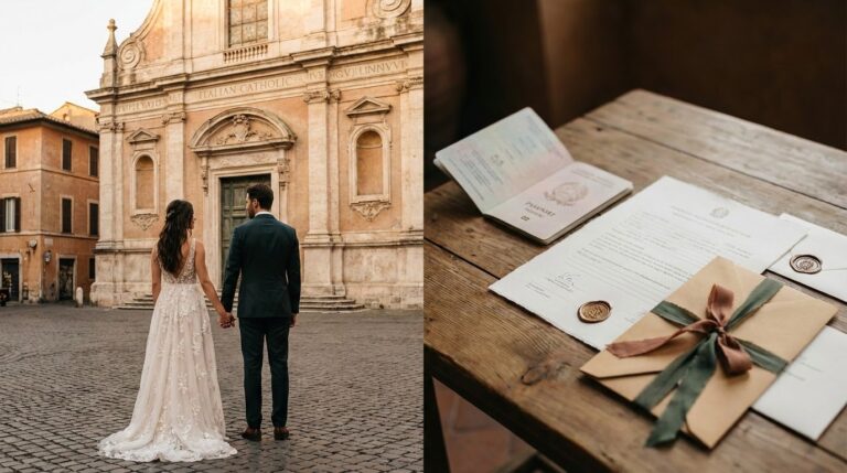 Catholic Wedding in Italy Couple outside an Italian church with wedding paperwork and passports, representing Catholic marriage in Italy for foreigners