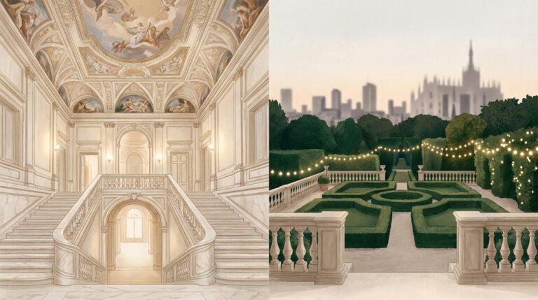 Luxury wedding in Milan concept showing a historic palazzo interior and an elegant villa garden setting