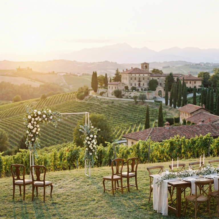 Vineyard hills and elegant estate in Piedmont, Italy set for a destination wedding