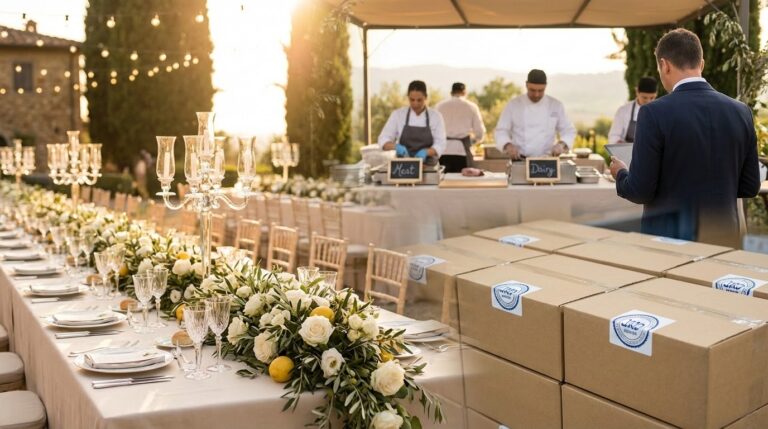 Luxury kosher wedding reception setup at an Italian villa with supervised catering details