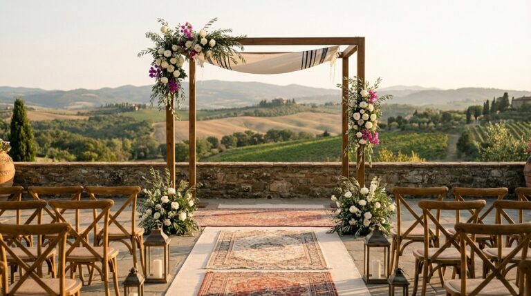 Outdoor chuppah ceremony setup overlooking Italian countryside for a Jewish wedding in Italy