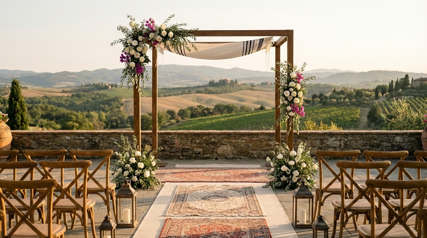 Outdoor chuppah ceremony setup overlooking Italian countryside for a Jewish wedding in Italy