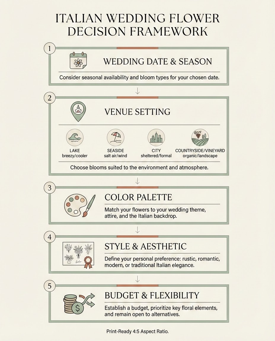 Decision framework infographic for choosing wedding flowers in Italy by season, venue, palette, style, and budget