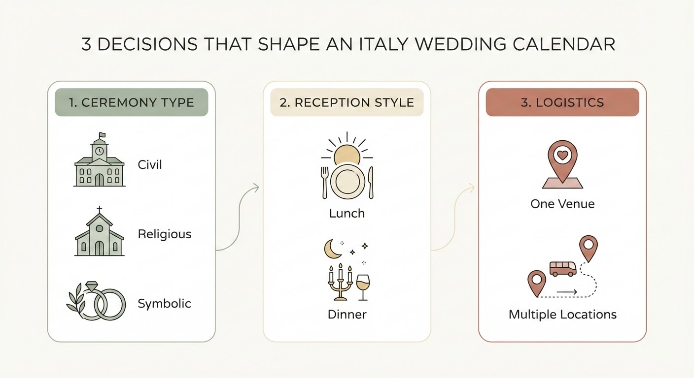 Infographic of three key decisions for an Italy wedding calendar: ceremony type, lunch vs dinner, one vs two venues