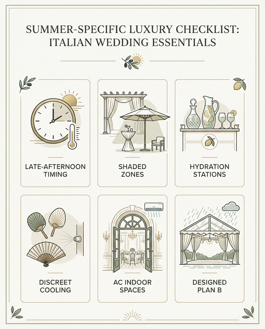 Infographic checklist for luxury summer wedding comfort in Italy: shade, hydration, AC, late ceremony, designed Plan B