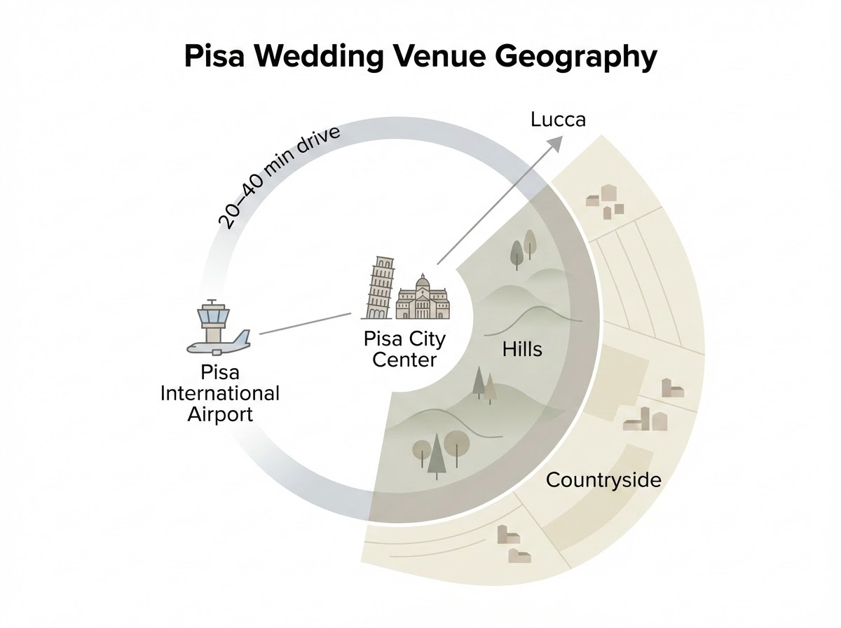 Diagram showing Pisa airport proximity to wedding venues in Pisa hills and Tuscany countryside within 20-40 minutes
