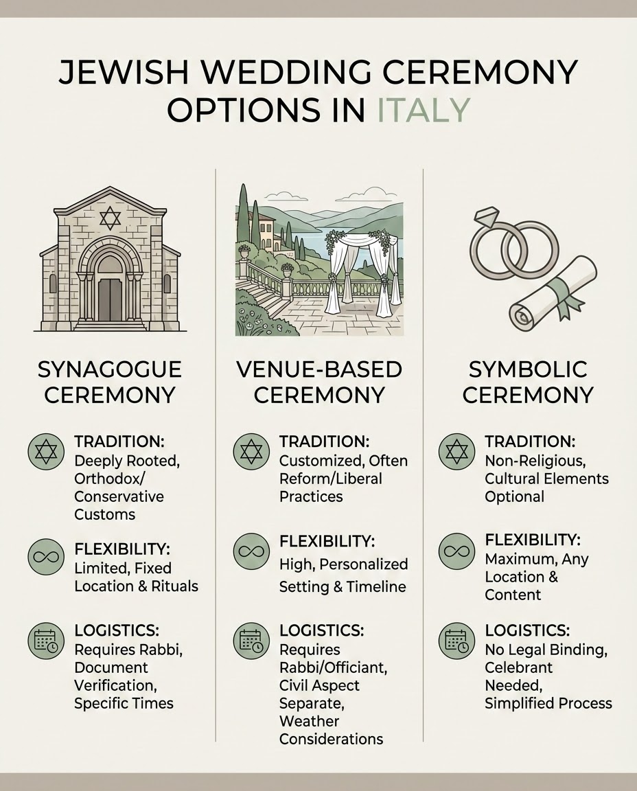 Italian regions for a Jewish wedding in Italy — Tuscany, Rome, Amalfi Coast, lakes, and the Riviera