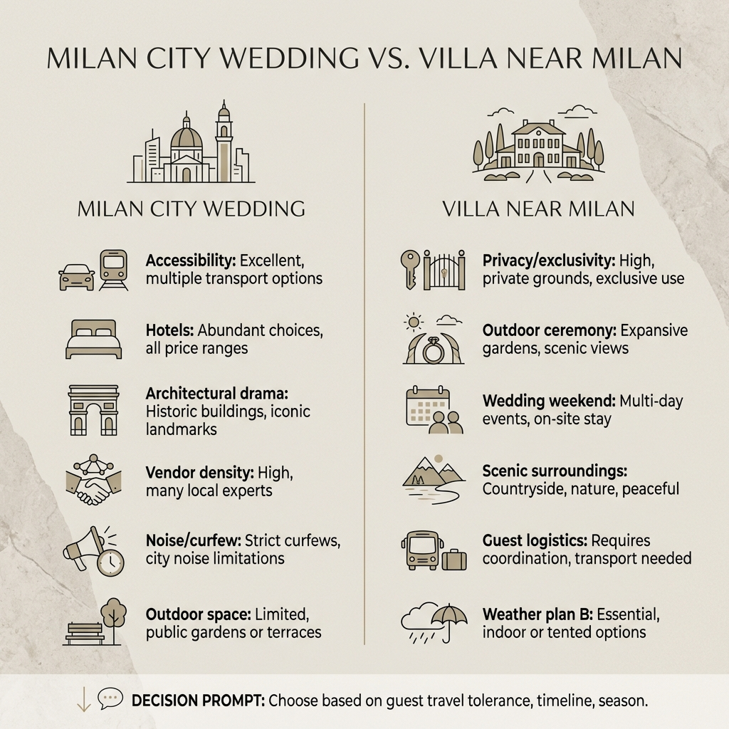 Infographic comparing Milan city weddings vs villas near Milan across accessibility, privacy, logistics, and atmosphere