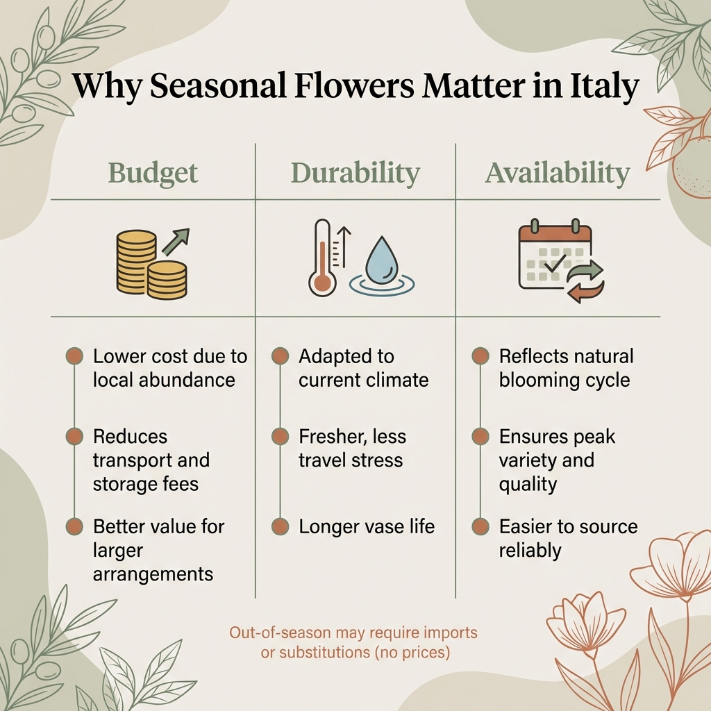 Diagram showing how seasonal wedding flowers affect budget, durability, and availability in Italy