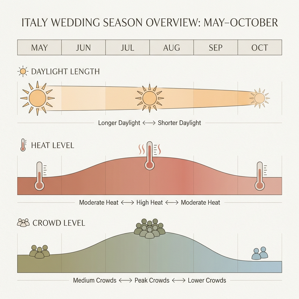 May to October Italy wedding season chart showing daylight, heat, and crowd trends