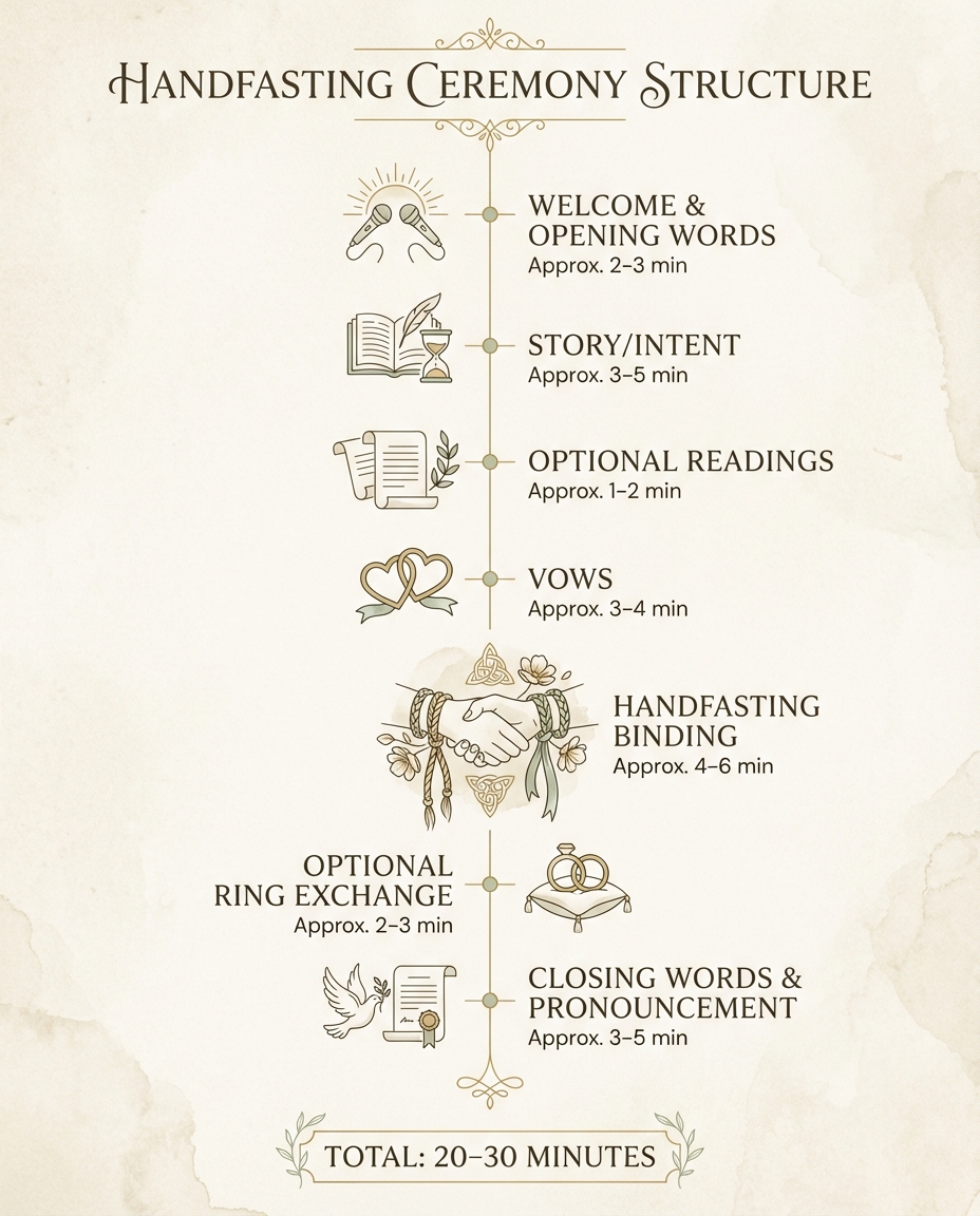 Handfasting ceremony timeline showing key steps from welcome to pronouncement