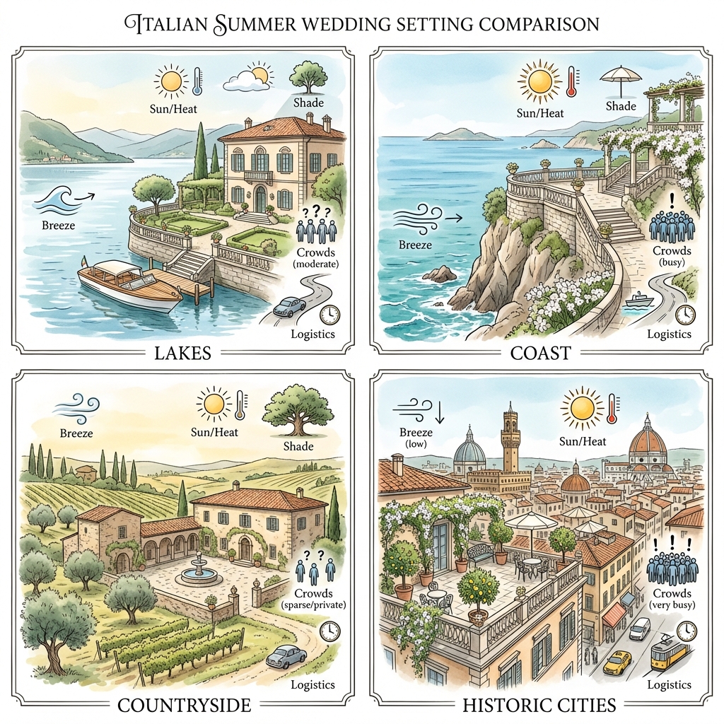 Diagram comparing Italian summer wedding settings: lakes, coast, countryside, and historic cities