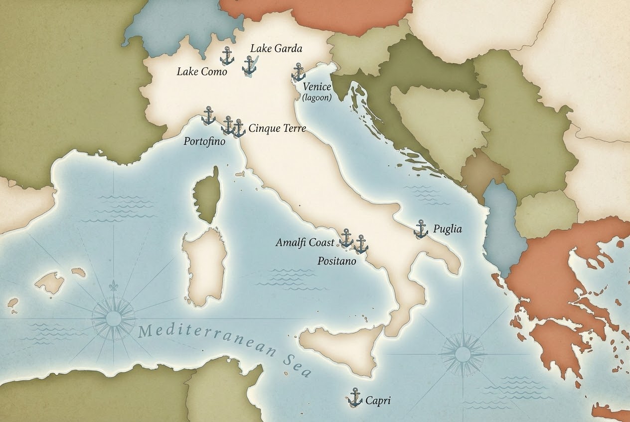 Illustrated map of Italy highlighting Amalfi Coast, Capri, Positano, Puglia, Venice, Lake Como, Lake Garda, Portofino, Cinque Terre