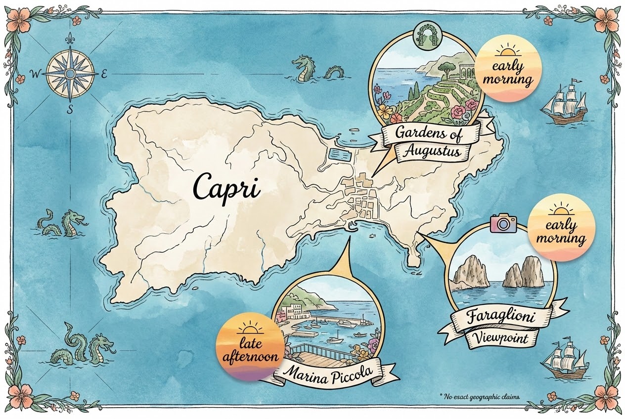 Illustrated map of Capri showing the Faraglioni, Marina Piccola and Gardens of Augustus for a luxury wedding in Capri