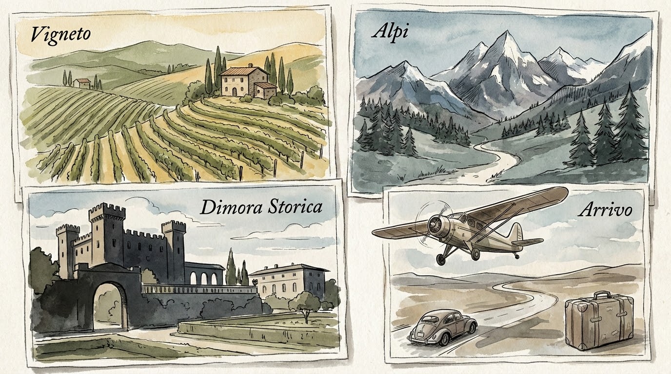 Illustrated landscape of Piemonte Italy showing Alps, vineyards and historic estates as wedding backdrops