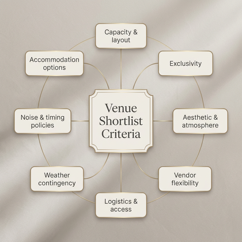 Venue shortlist criteria diagram for luxury wedding venues near Milan