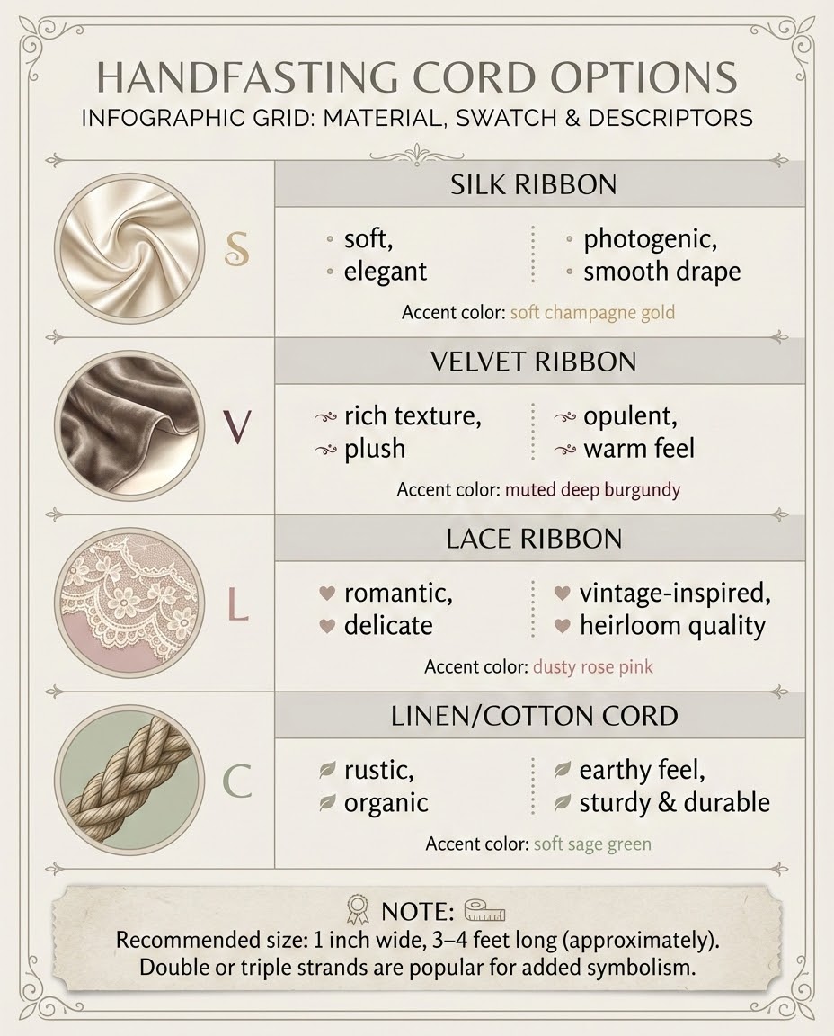 Handfasting cord guide showing silk, velvet, lace, and linen options with recommended size