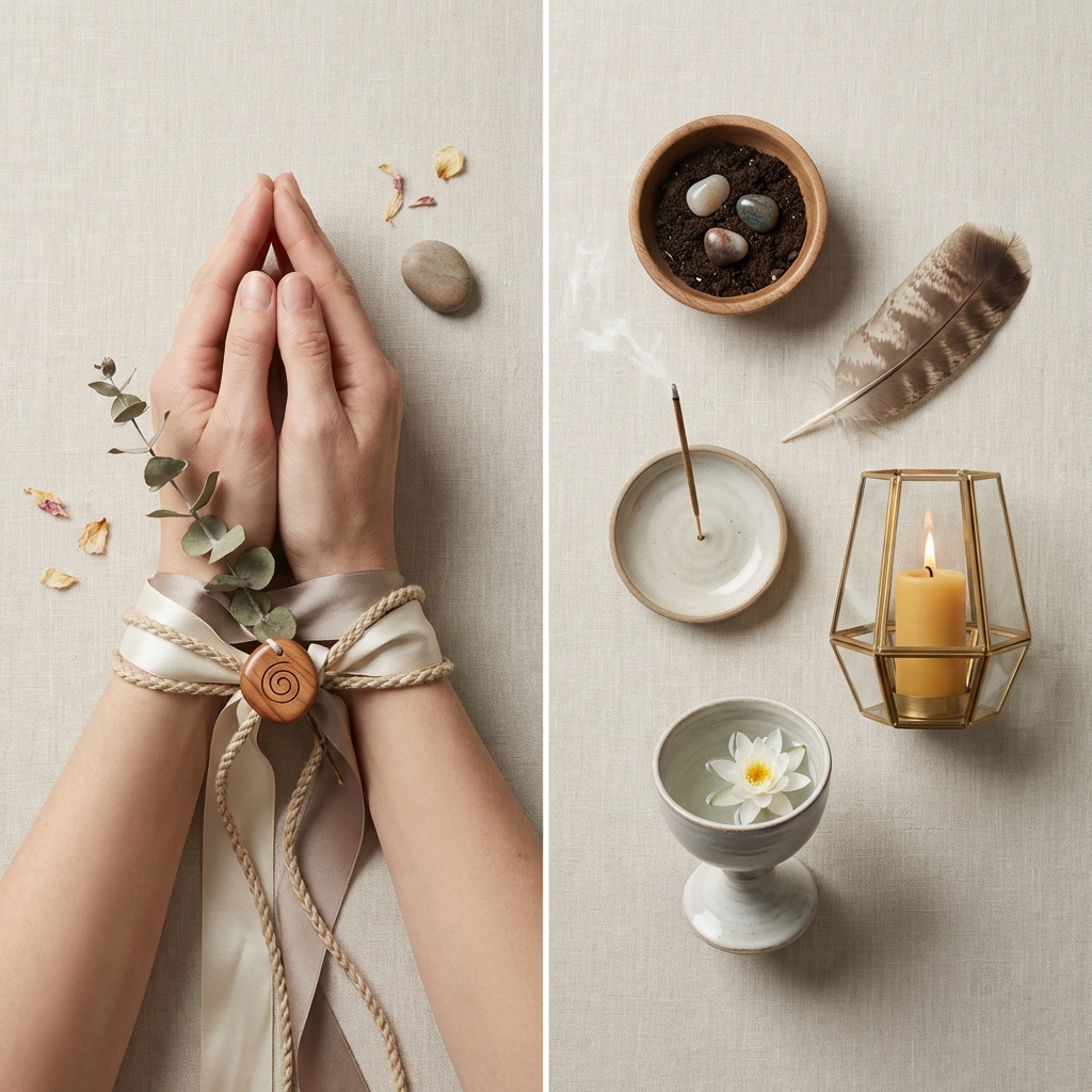 Handfasting and four elements ritual setup for a symbolic wedding ceremony in Italy