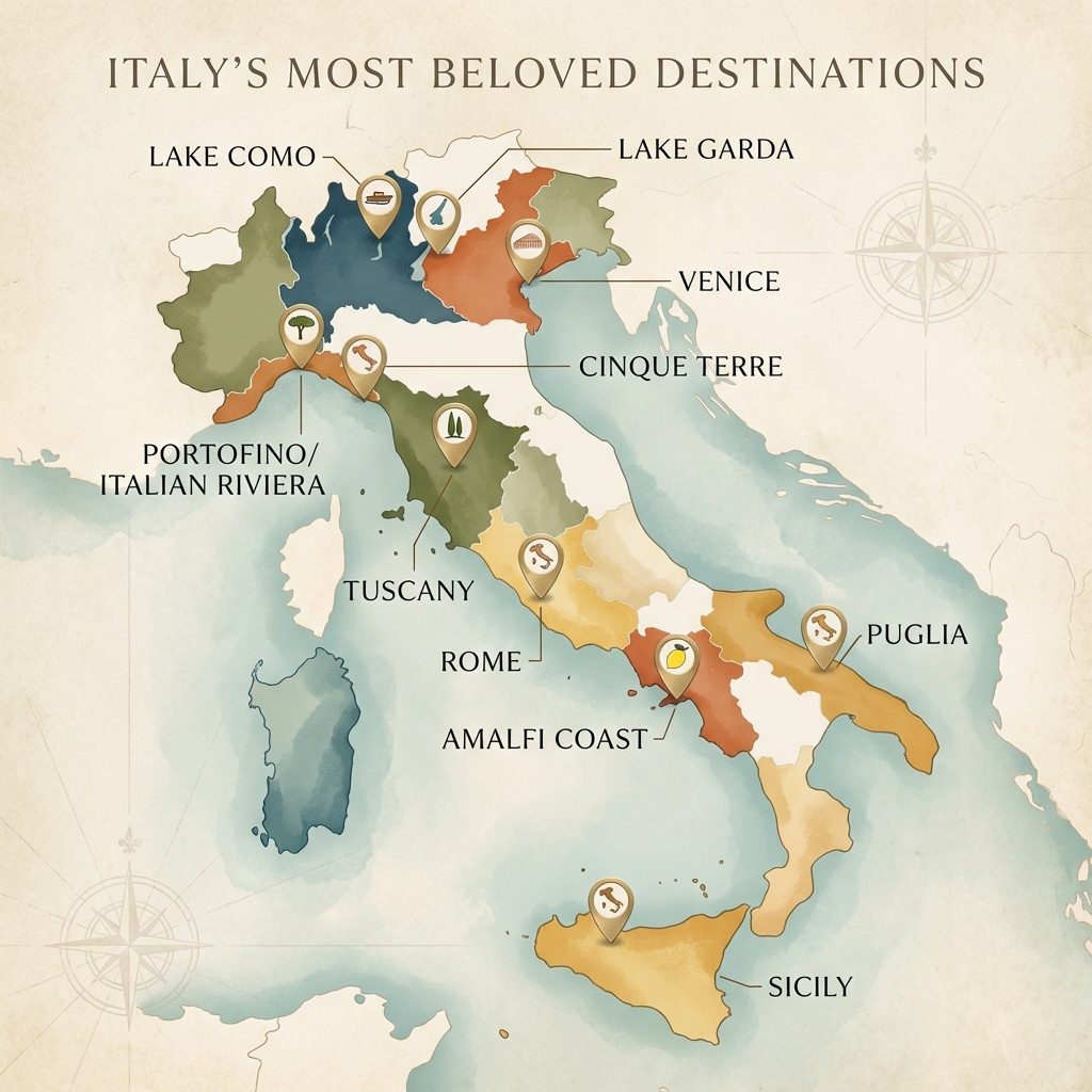 Map of Italy highlighting luxury summer wedding destinations: Tuscany, Amalfi Coast, Como, Garda, Riviera, Venice, Rome, Sicily, Puglia