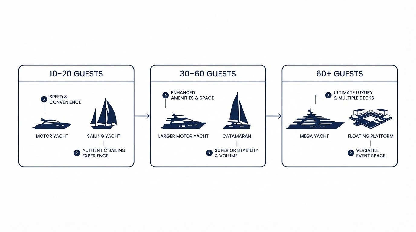 Diagram matching guest count ranges to yacht types for a luxury yacht wedding in Italy