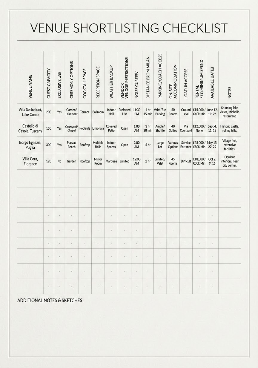 Venue shortlisting checklist template for comparing Milan wedding venues