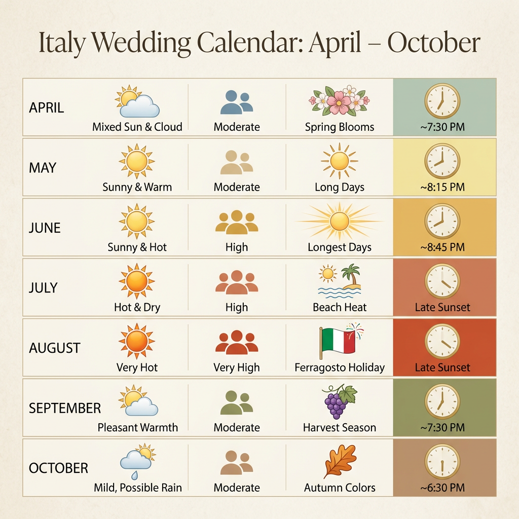 April to October Italy wedding calendar infographic with weather, crowds, vibe, and sunset timing highlights