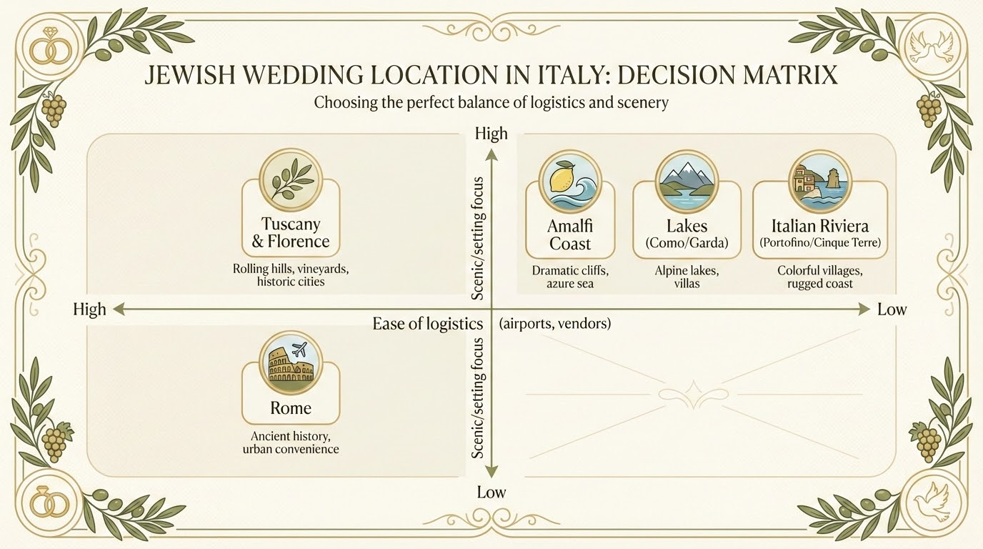 Multi-day Jewish wedding weekend in Italy — welcome dinner, ceremony, brunch, and guest experiences