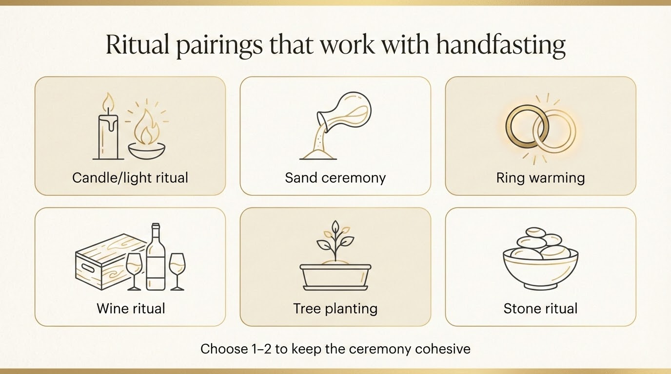 Icon set of ritual pairings for handfasting: candle, sand, ring warming, wine, tree planting, stone ritual