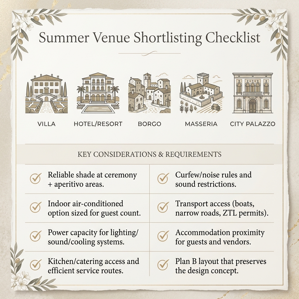 Infographic: summer wedding venue checklist in Italy with shade, AC indoor option, power, access, curfew, transport, Plan B