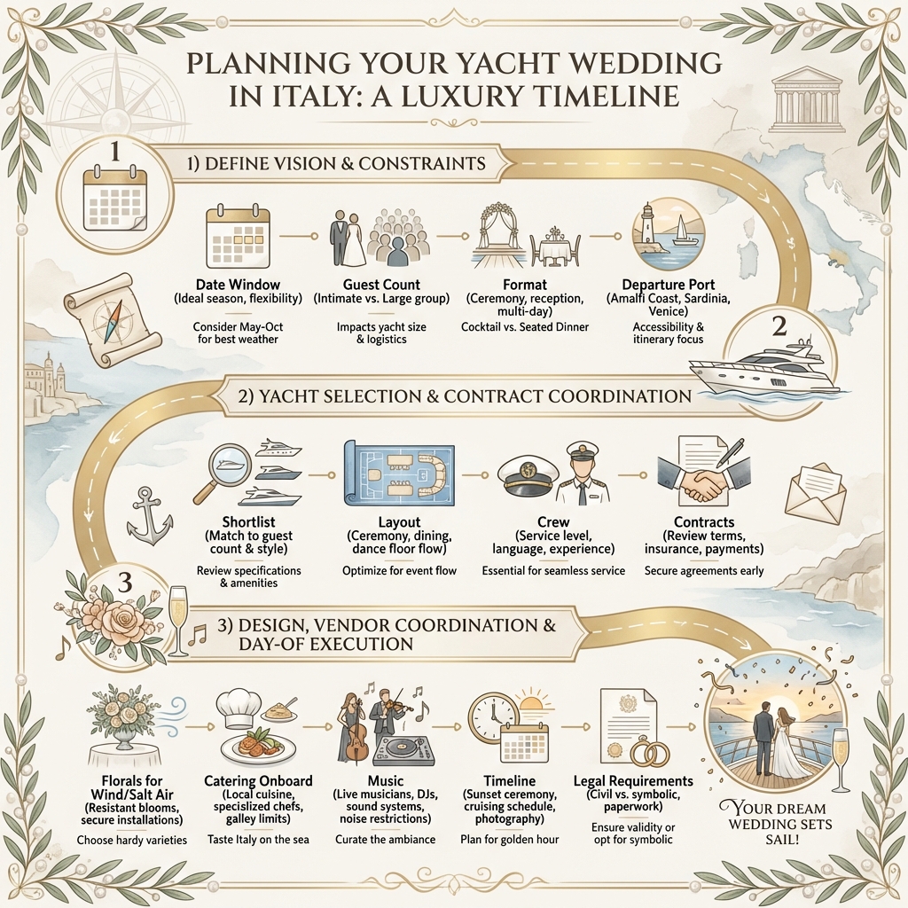 Three-step planning process for a yacht wedding in Italy: vision, yacht selection, and execution