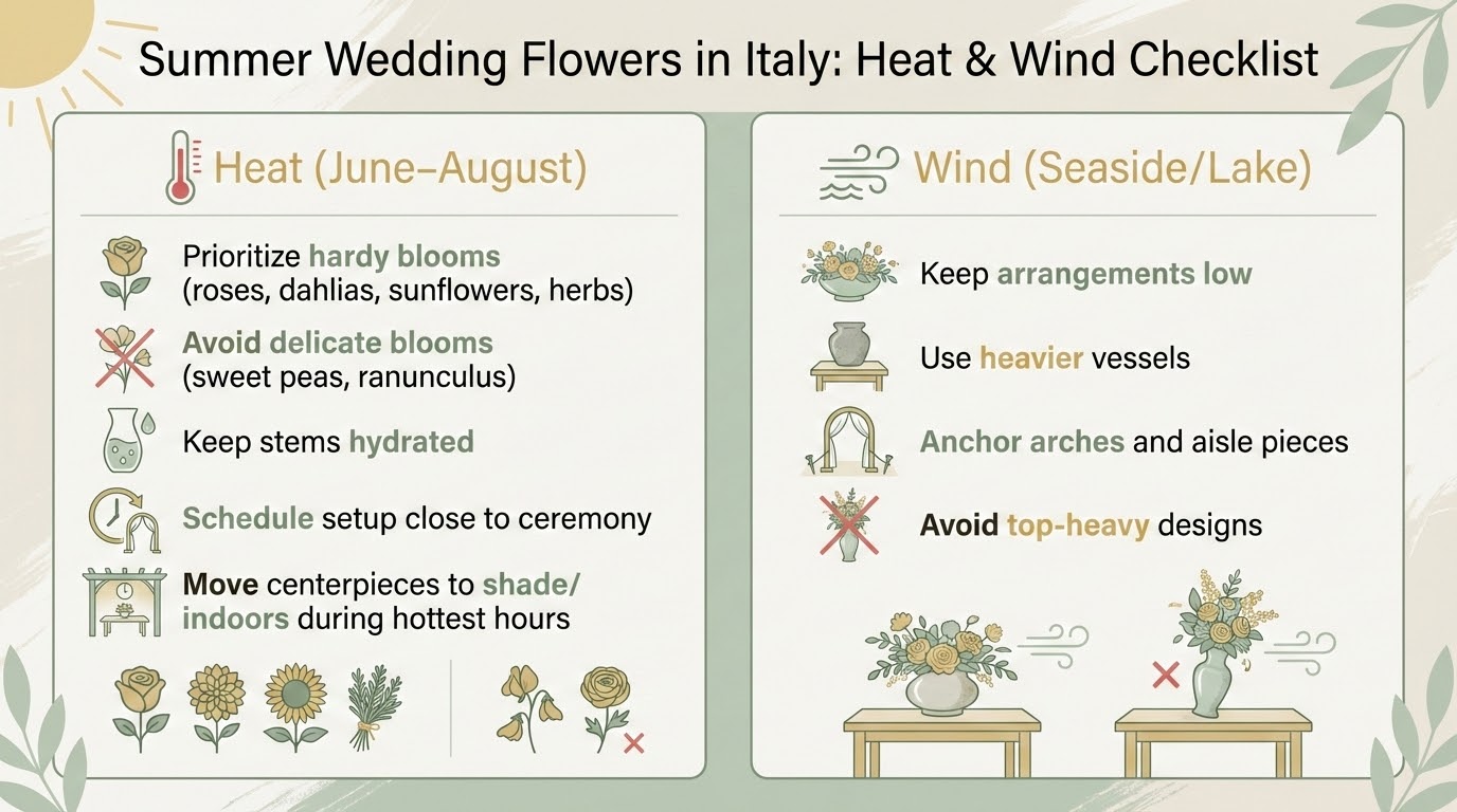 Summer wedding flowers Italy checklist for heat-resistant blooms and wind-safe setup at seaside or lake venues