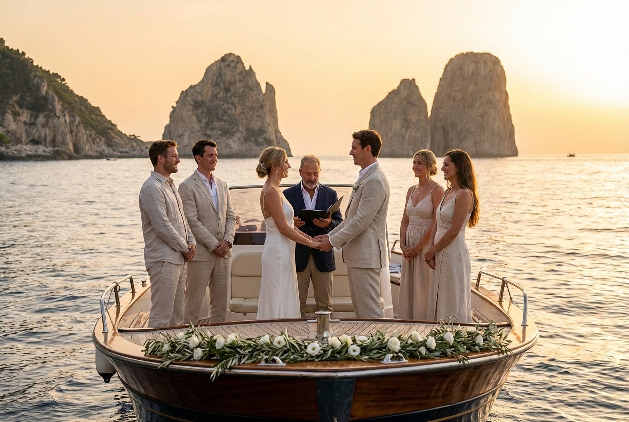 Intimate boat ceremony for a luxury wedding in Capri with the Faraglioni in the background