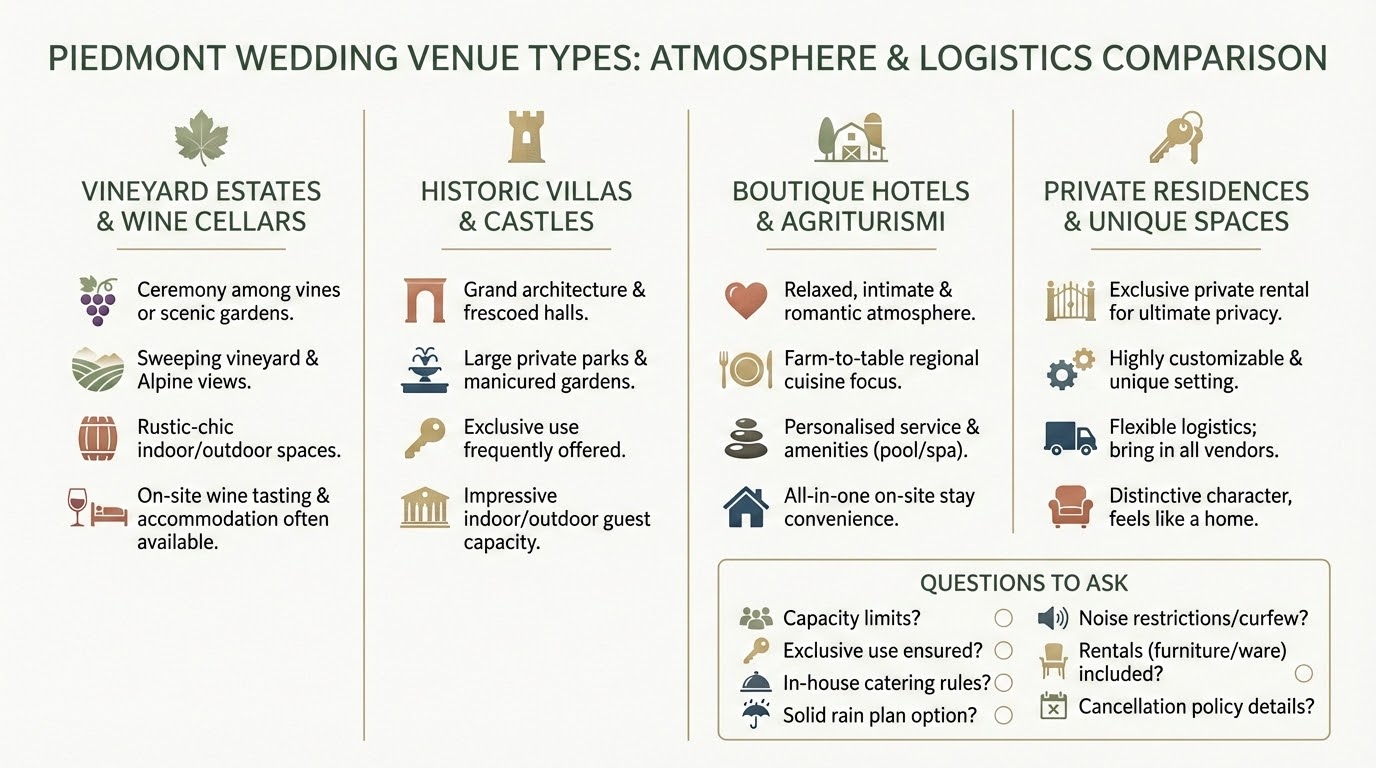 Venue typologies in Piemonte Italy: vineyard estate, historic castle, boutique hotel, private villa