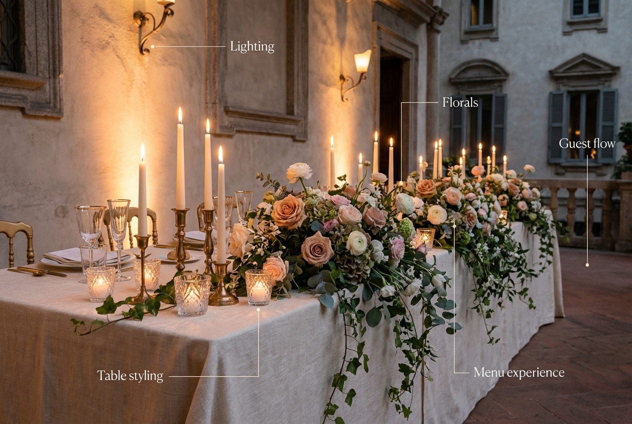 Luxury wedding design elements: candlelight, florals, refined table styling, and warm lighting