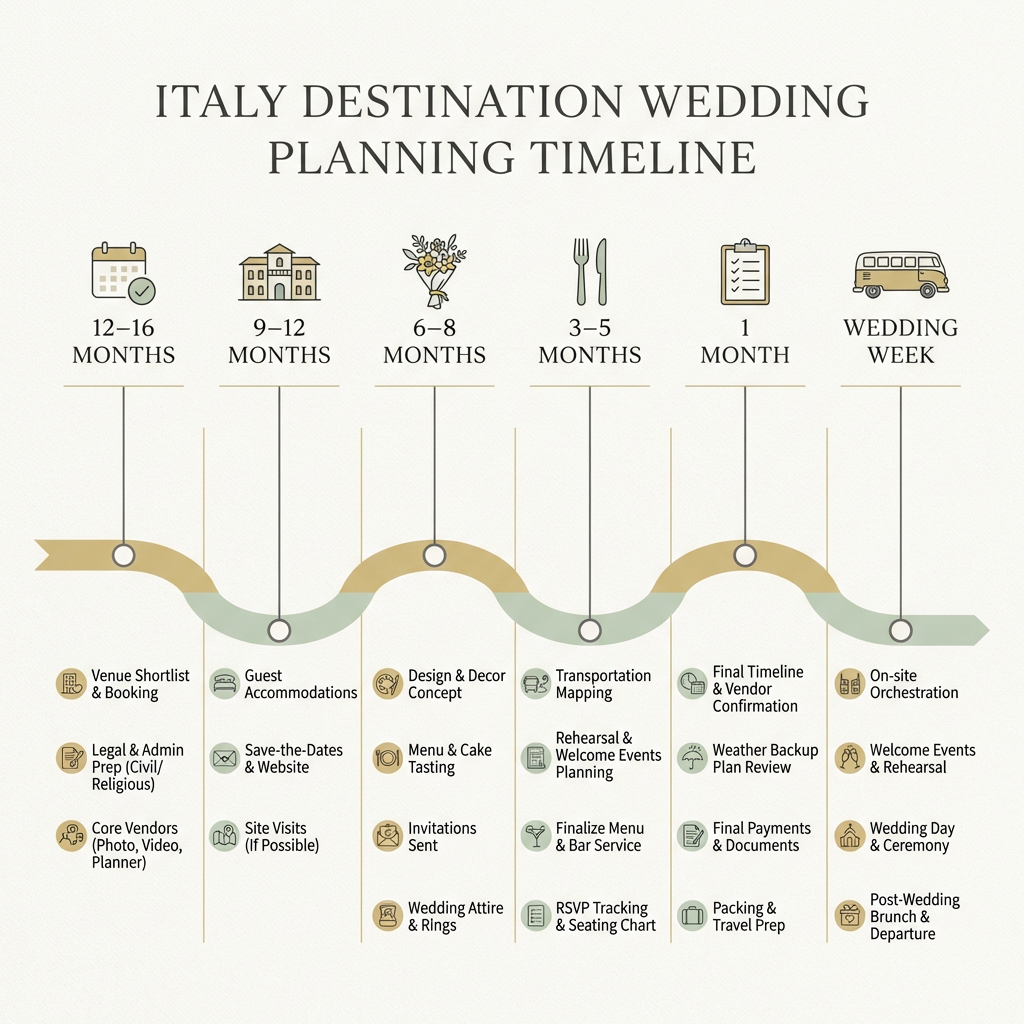 Italy destination wedding planning timeline from 12–16 months out to wedding week milestones