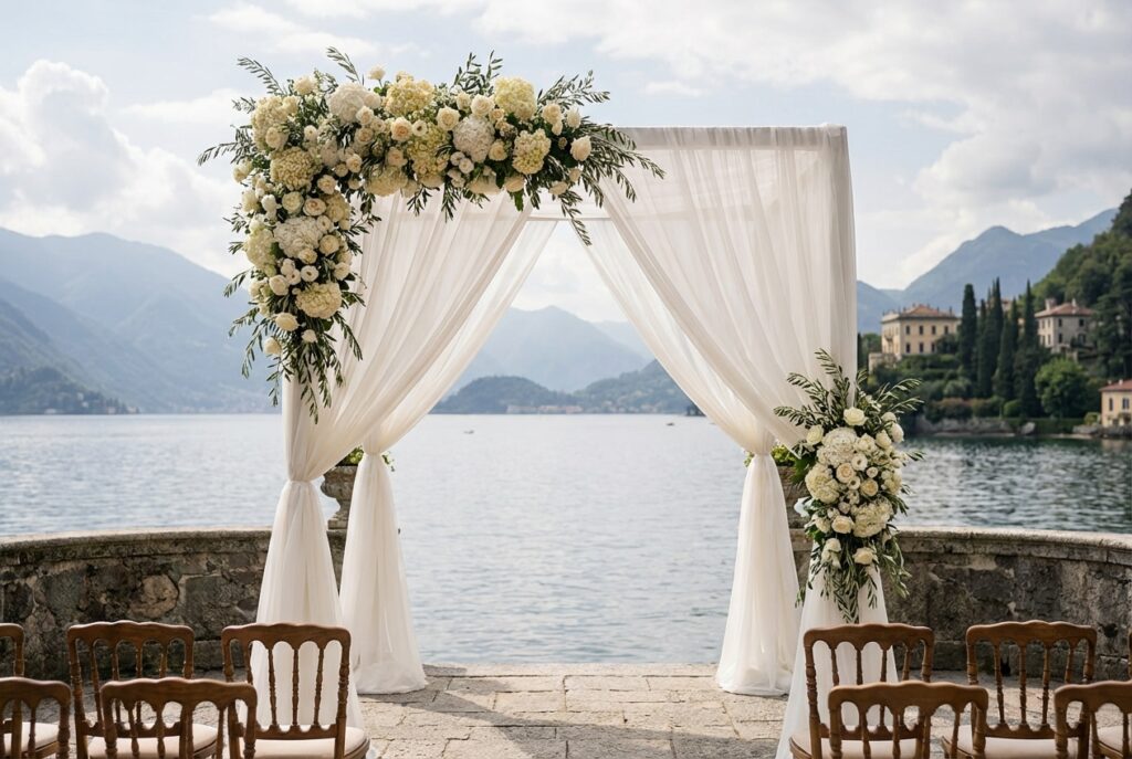 Lakeside chuppah on an Italian terrace with mountain views for a Jewish wedding in Lake Como or Lake Garda